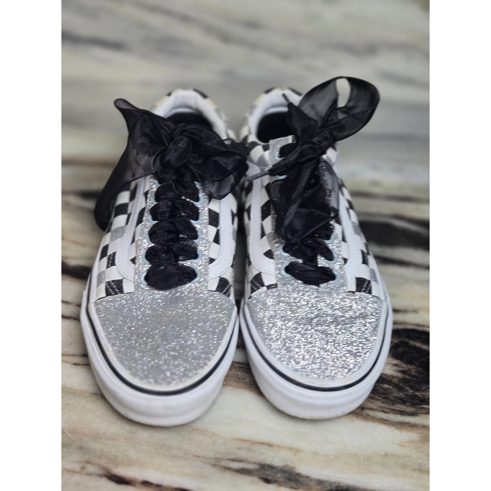 Vans Old Skool Checkerboard Silver Glitter Ribbon Lace Sneakers Womens 8 - Picture 2 of 8